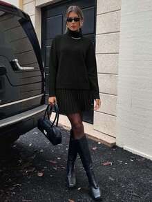SHEIN Tall Tall Size 2pcs Women High Neck Drop Shoulder Long Sleeve Sweater And Pleated Knit Mini Skirt Set - Black - View 4