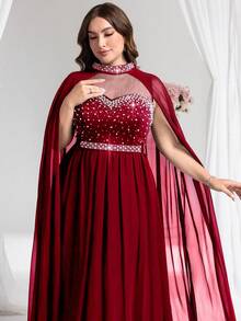 Coutiva 大码优雅串珠装饰正式晚礼服 - 酒紅色 - 查看 6