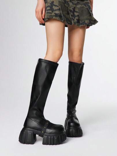 Women's Dark Punk Goth Lace-Up Platform Thick Sole Motorcycle Boots, Elevator Riding Ankle Boots And Short Boots