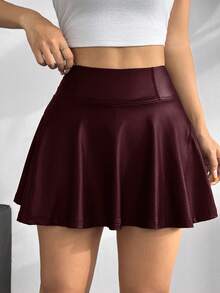 SHEIN EZwear 女士纯色高腰休闲半身裙，带口袋和内衬短裤 - 酒紅色 - 查看 3