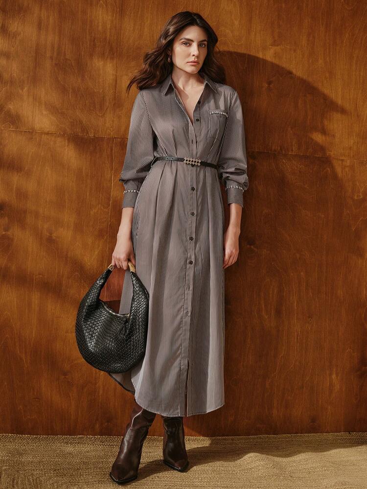 Casual Relaxed Retro Striped Long Sleeve Open Front Shirt Dress With Pockets, Beaded Cuff Decoration, Long Dress With Belt