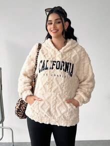 Solflare Plus Size Women Embroidered Letter Pattern Drop Shoulder Drawstring Hooded Pocket Teddy Fleece Sweatshirt, Autumn/Winter