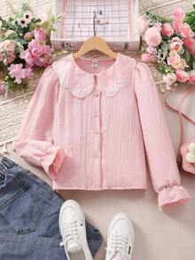 SHEIN Tween Girl Petal Collar Frill Crew Neck White Blouse, Suitable For Back To School,Holiday Summer Travel