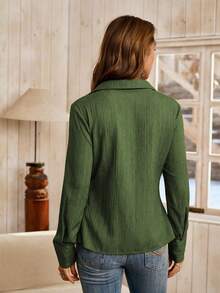 LanaWest Women's Army Green Bohemian Textured Lapel Neck Long Sleeve Front Ruched Shirt,Autumn Country Western Concert Single-Breasted Elegant Teacher Blouse - Army Green - View 2