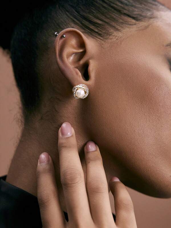 JIAN LASALA Pendientes de tachuela con perla artificial & con diseño de diamante de imitación