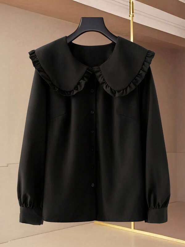 Regalyn Plus Size Casual Solid Color Peter Pan Collar Shirt