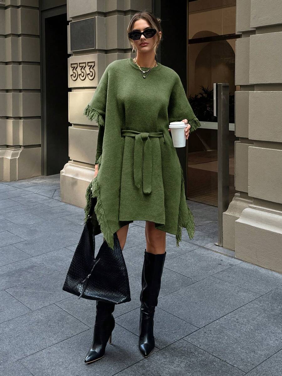 EURMUSE Women's Solid Color Round Neck Batwing Sleeve Fringe Patchwork Casual Sweater Dress For Autumn Winter - Green - View 1