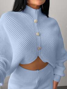 EURMUSE 2 Pieces Ribbed Knit Lounge Set Featuring Asymmetrical Sweater With Decorative Bow Accents And Matching High-Waisted Pants - Baby Blue - View 5
