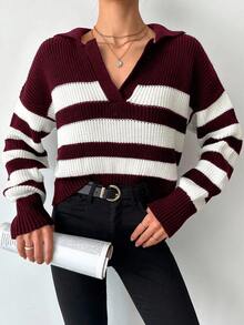 SHEIN Tall Striped Pattern Drop Shoulder Sweater, Tall Women - Burgundy - View 4