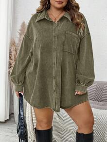 SHEIN CURVE+ 大码女式落肩长袖牛仔印花单排扣休闲口袋夹克 - 軍綠色 - 查看 7