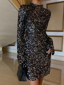 Livesso 黑色露背亮片紧身迷你连衣裙，优雅百搭，适合新年、圣诞节、婚礼、派对、正式场合、时尚晚宴鸡尾酒会等场合。 - 黑色 - 查看 3