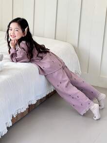 Dazy Kids 2 件套女童休闲长袖上衣和裤子家居服套装，秋季 - 紫色 - 查看 6