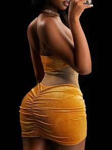 Amplova Women's Mustard Yellow Velvet Mini Skirt,Y2K 70s &Avant-Garde Ruched Waist,Suitable For Summer Party,Christmas,Gala,New Year&Thanksgiving - Champagne - View 7