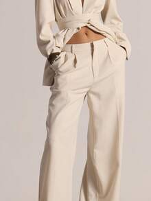 MUSERA Tailored Mid Rise Pleated Wide Leg Trousers Only Suit Autumn Winter Casual Office Going Out Everyday Night Out Sexy Cute Cosy Spring - Beige - View 5
