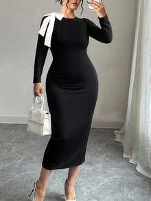 Elenzga Vestido de fiesta elegante con bloque de color y lazo para mujer de talla grande - Negro - Ver 6