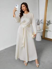 Firerie 大码纯色简约长袖系腰休闲连衣裙 - 杏色 - 查看 6