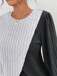 Elenzga Dwuczęściowy, swobodny komplet wypoczynkowy w dużym rozmiarze, z okrągłym dekoltem, długim rękawem, prążkowanym wykończeniem w kontrastowym kolorze, asymetryczną, patchworkową bluzką i prążkowanymi spodniami o prostych nogawkach - Wielokolorowe - Zobacz 6