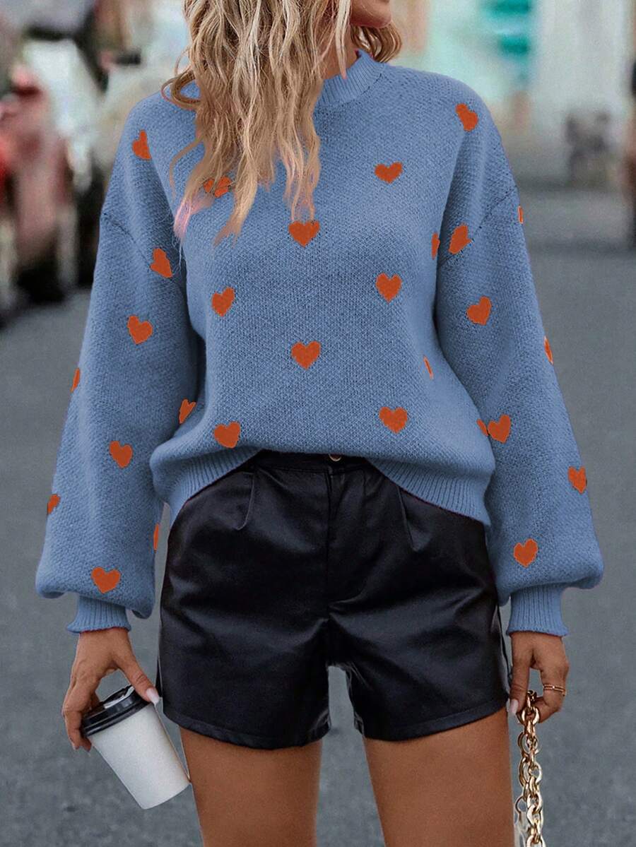 SHEIN LUNE Sweater Rajut Kasual Motif Hati dengan Lengan Lentera dan Bahu Jatuh, Kerah Bulat - Biru - View 1