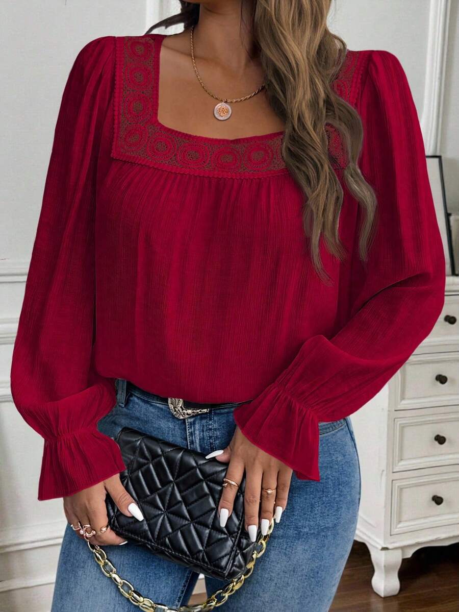 EMERY ROSE Plus Size Plain Simple Daily Wear Square Collar Long Sleeve Shirt Fall - Burgundy - View 1