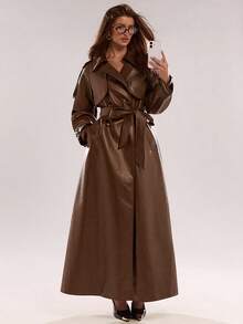 SHEIN BAE Áo khoác dài hai hàng khuy thời trang nữ - màu nâu - Xem 6