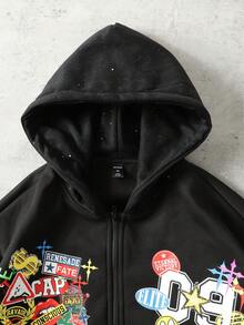 ROMWE MEN Street Life 男士宽松短款拉链连帽卫衣，饰有闪亮亮片，街头风长袖上衣 - 黑色 - 查看 3