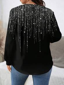 EMERY ROSE 圣诞浪漫银色闪光图案印花休闲宽松圆领长袖卫衣，适合大码女装，秋冬季女装，新年女装，闪亮上衣 - 彩色 - 查看 2