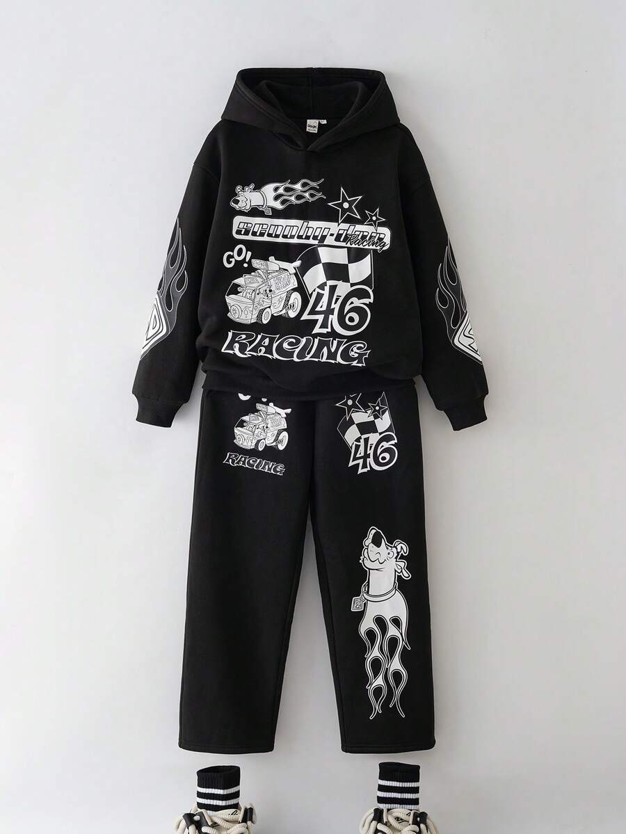 SCOOBY-DOO X SHEIN 2 Peças Conjunto de Moletom e Calça de Moletom com Estampa de Cachorro Vintage para Meninos Pré-Adolescentes - Preto - Visão 1