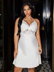 SilkySpell Luvlette Plus Size Lace & Mesh Patchwork Camisole Nightgown,White,Summer,Elegant,Wedding Guest Spaghetti Strap Curve Babydoll Lingerie Dress - White - View 4