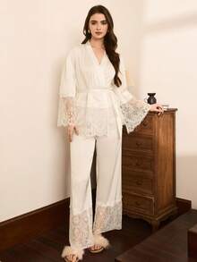 Moireta 情人节纯色优雅成熟魅力蕾丝边腰部翻领喇叭袖上衣和阔腿缎面睡衣套装，女士秋冬服装 - 白色 - 查看 2