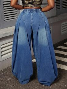 Slaydiva Plus Size Wide Leg Flare Jeans - Blue - View 2
