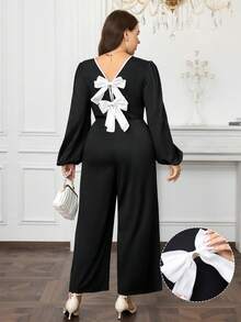 SHEIN Clasi Plus Size Women's Elegant French Style Autumn Bow Backless Black And White Contrast Color Keyhole Neck Long Sleeve Jumpsuit For Dinner Christmas - Black and White - View 3