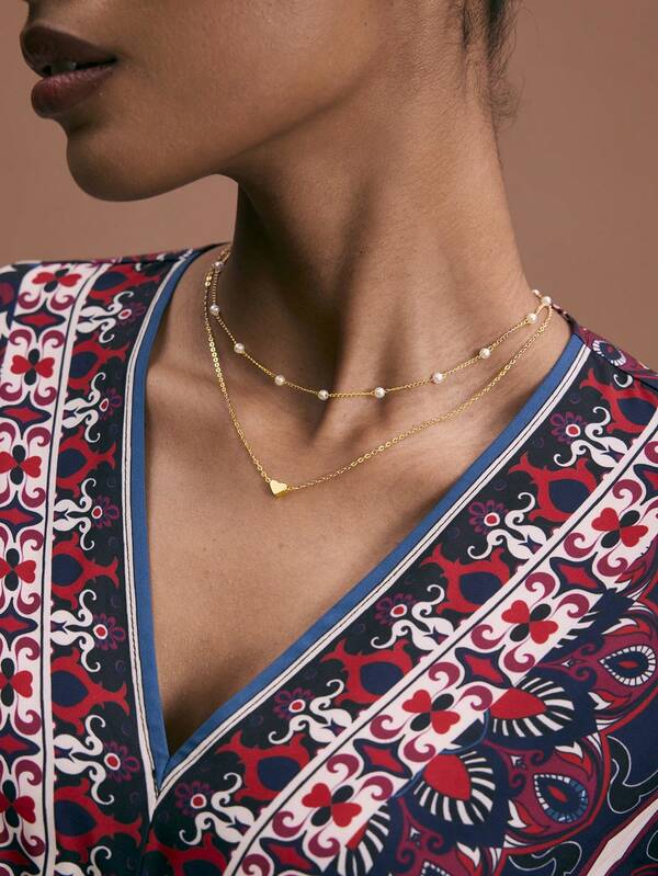 JIAN LASALA 2 piezas Conjunto de collar ajustable de varios niveles con decoración de perlas falsas con forma de corazón para mujeres