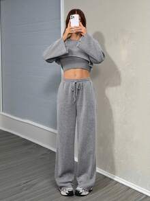 SHEIN Tall 2025 新款休闲基本款纯色长袖短款上衣、吊带背心和阔腿裤三件套女装 - 深灰色 - 查看 3