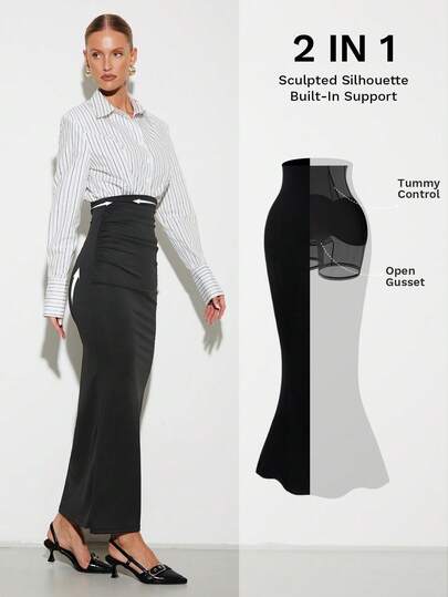 Nuvra Falda de doble capa para mujer con forro moldeador, control de abdomen, cordón en la cintura, levantamiento de glúteos, bajo de cola de pez, color negro, para uso casual de oficina/fiesta, otoño/invierno