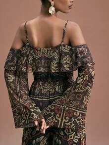 JIAN LASALA Multicolor All-Over Print Mesh Spaghetti Straps Off-Shoulder Wide-Leg Women Boho Jumpsuit Jumpsuits For Woman Party Resort Wear Floral Jumpsuit For Women Jumpsuits For Woman Wide Leg Elegant Ibiza Outfits Graphic Dress Beach Jumpsuit Beach Wedding Guest - Multicolor - View 3
