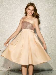 Vestido formal de longitud media con tirantes finos, ajustado, con flores y cuentas, en color champán, elegante para niñas preadolescentes, adecuado para fiestas de noche, bodas, bailes de graduación, Navidad, Acción de Gracias, Halloween - Champán - Ver 7