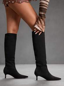 CUCCOO SZL 女士尖头小猫跟黑色靴子，时尚简约设计，适合通勤，性感派对和宴会，及膝靴 - 黑色 - 查看 3