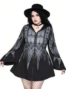 ROMWE EDITION Plus Size Vintage Gothic Church Cross Print Hooded Cinched Waist A-Line Mid-Length Coat - Black - View 5