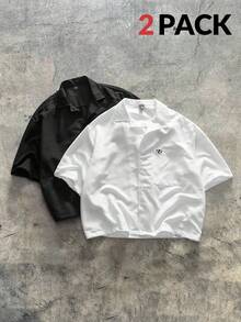 AXEPEAK 2pcs Men's Loose Fit Short Sleeve Cuban Collar Black & White Shirts, Streetwear Style - White - View 1