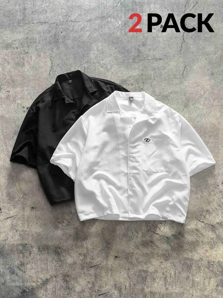 AXEPEAK 2pcs Men's Loose Fit Short Sleeve Cuban Collar Black & White Shirts, Streetwear Style - White - View 1