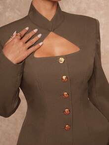 Lumalex 立领镂空腰部金属纽扣收腰直筒短裤，女士长袖套装 - 棕色 - 查看 5