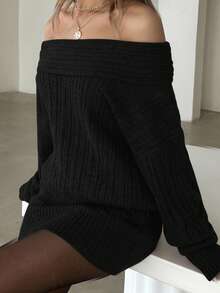 Aloruh 女士性感优雅露肩修身迷你连衣裙，长袖纯色 - 黑色 - 查看 7