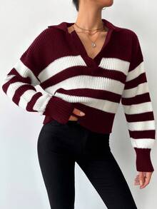 SHEIN Tall Striped Pattern Drop Shoulder Sweater, Tall Women - Burgundy - View 5