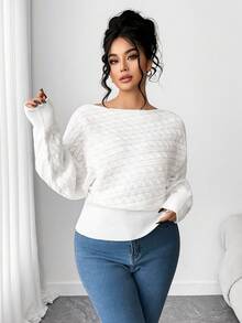 Elenzga Plus Size Batwing Sleeve Drawstring Asymmetrical Knit Sweater, Thick White Pullover Top For Winter - White - View 3
