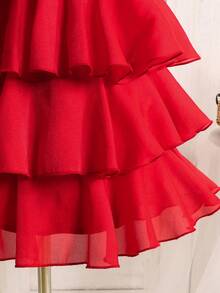 SHEIN Young Girl Woven Solid Color Ruffle Hem Sleeveless Dress, Formal Wear, Christmas, Sister And Me, Mom And Me, Suitable For Party, Christmas Girl Dress, Autumn/Winter Girl Dress - Red - View 7