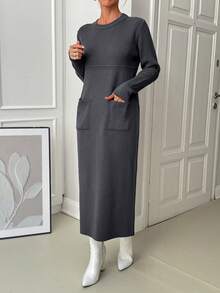 EURMUSE Women Solid Color Round Neck Pocket Detailed Maxi Sweater Dress - Grey - View 4
