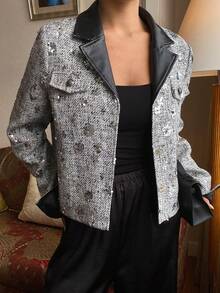 Livesso Autumn PU Leather Black Silver Sequin Patchwork Short Jacket,Elegant For Party Night,New Year,Christmas,Wedding,Fashion Event Women Coats Carnival - Silver - View 2