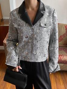 Livesso Autumn PU Leather Black Silver Sequin Patchwork Short Jacket,Elegant For Party Night,New Year,Christmas,Wedding,Fashion Event Women Coats Carnival - Silver - View 5