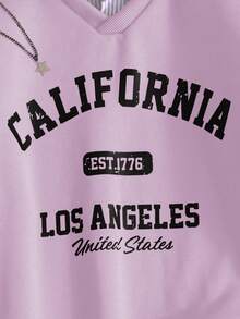 Teen Girl Casual Pullover Sweatshirt, Versatile For School & Commute, 2 In 1 Sweatshirt With Shirt Collar, Numeric & Letter, Leopard Print Pattern, Loose Fit - Purple - View 4