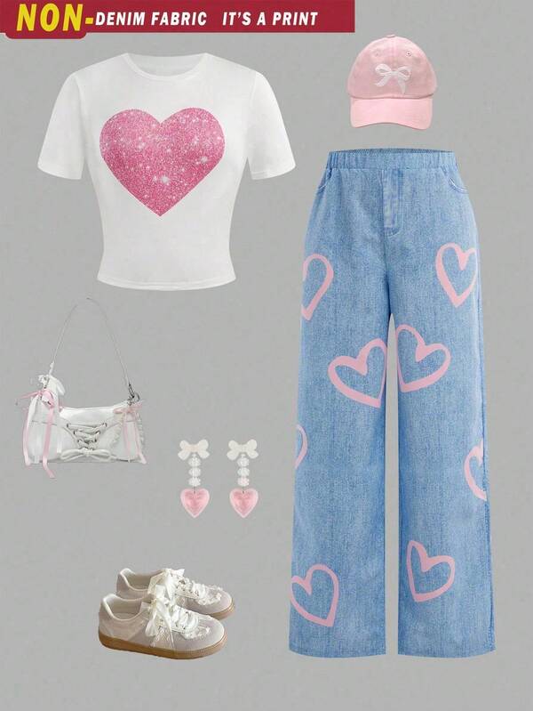 SHEIN 2pcs/Set Teen Girl Summer Casual Chic Heart Pattern T-Shirt & Heart Print Wide Leg Pants Set Spring/Summer/Autumn, Vacation & Daily Wear Youth Girls Clothes